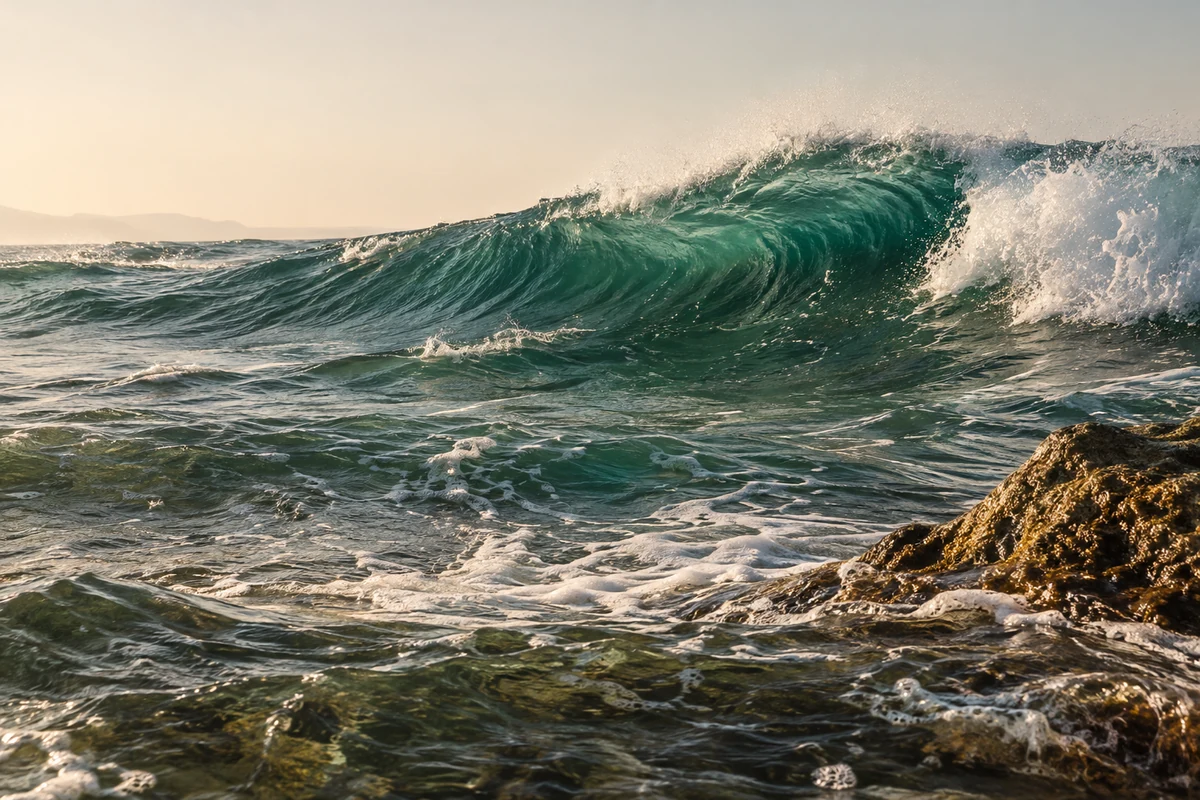 A deep green wave in golden light, illustrating Surfgear’s Atlantic spirit